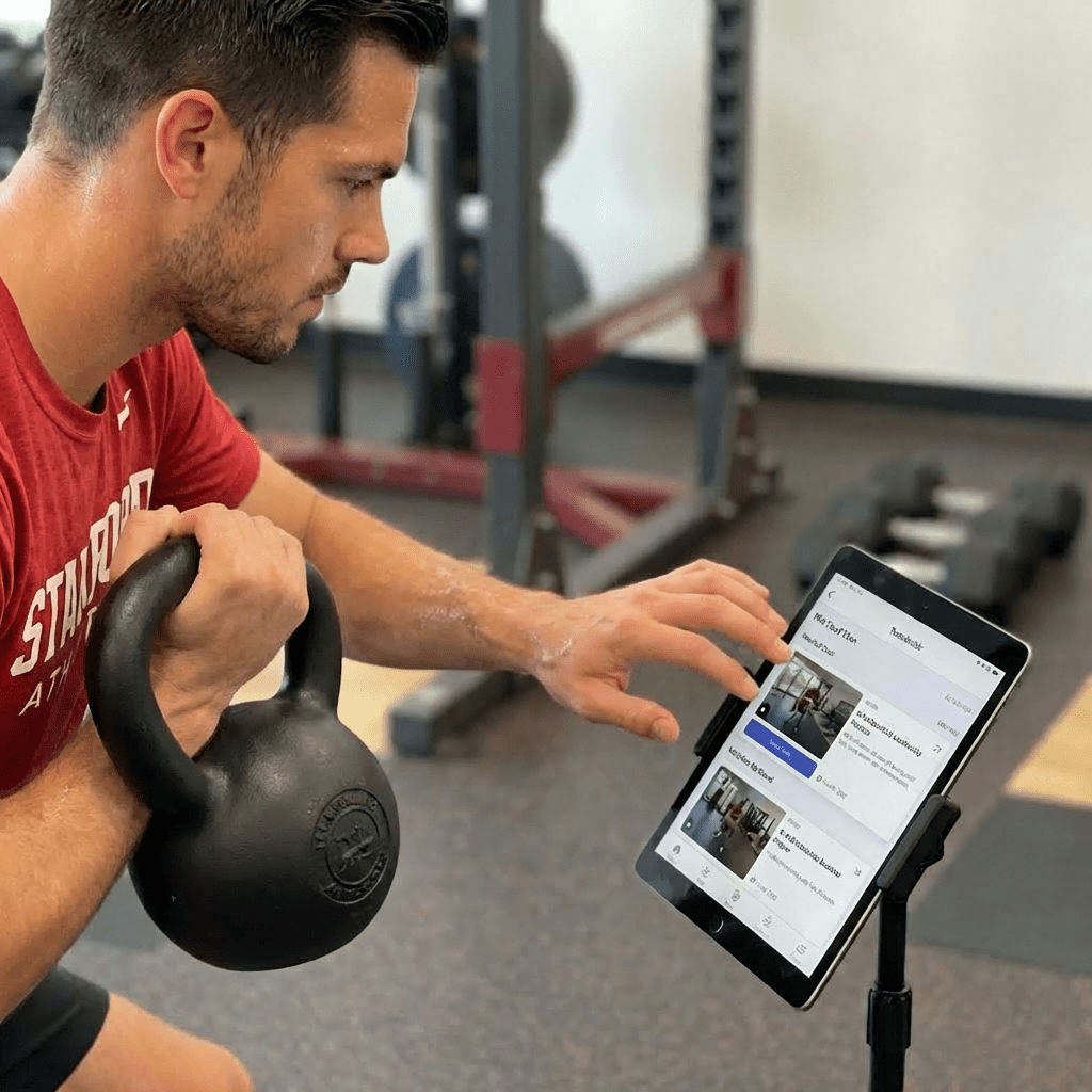 Man performing squats while following a remote personal training session on his laptop at home.